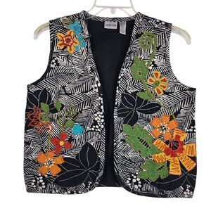 Chico's Floral Embroidered Vest Sz 1 Med Black White Leaves Art Boho Hippie
